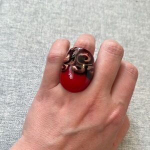Glass Blown Bold Red and Black Gothic Ring with Ornate Design